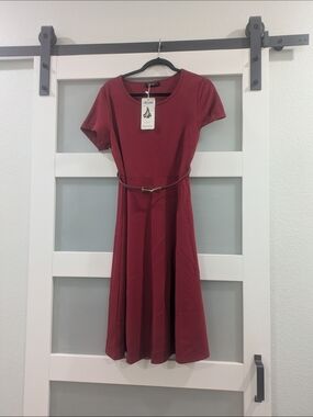 YRU Burgundy Fit-and-Flare Midi Dress with Belt